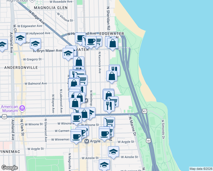 map of restaurants, bars, coffee shops, grocery stores, and more near 5320 North Sheridan Road in Chicago