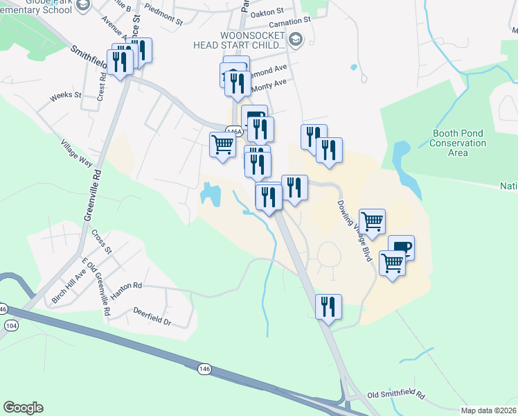 map of restaurants, bars, coffee shops, grocery stores, and more near 175 Eddie Dowling Highway in North Smithfield