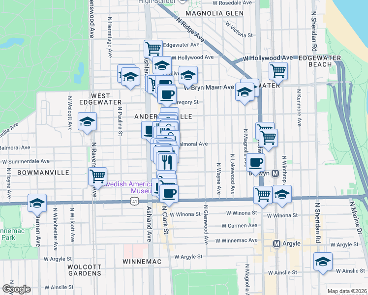 map of restaurants, bars, coffee shops, grocery stores, and more near 1443 West Balmoral Avenue in Chicago