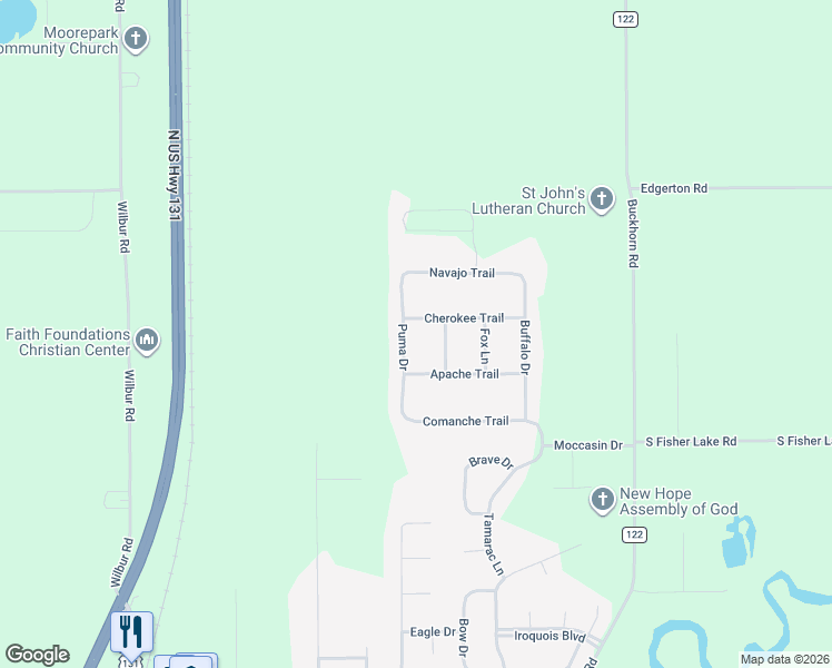 map of restaurants, bars, coffee shops, grocery stores, and more near 56328 Puma Drive in Three Rivers