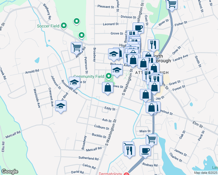 map of restaurants, bars, coffee shops, grocery stores, and more near 30 Barrows Street in North Attleborough