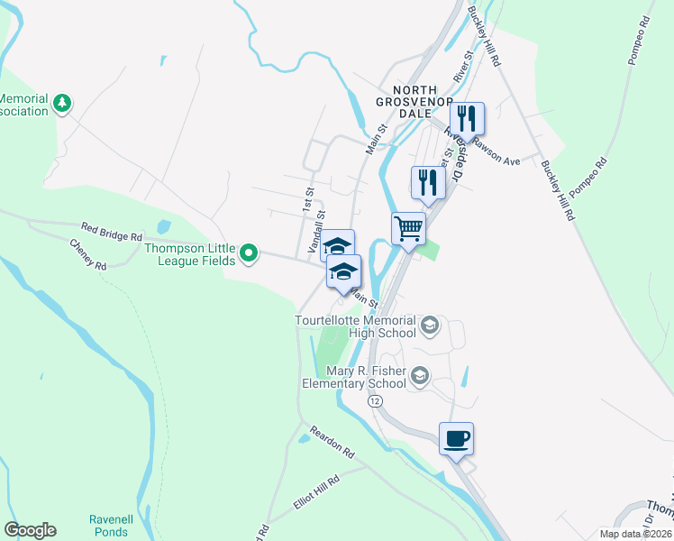 map of restaurants, bars, coffee shops, grocery stores, and more near 26 Main Street in Thompson