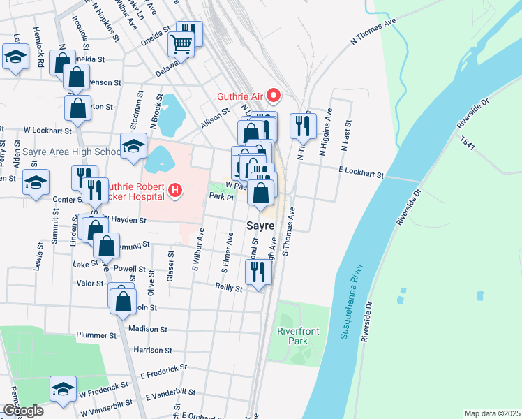map of restaurants, bars, coffee shops, grocery stores, and more near in Sayre