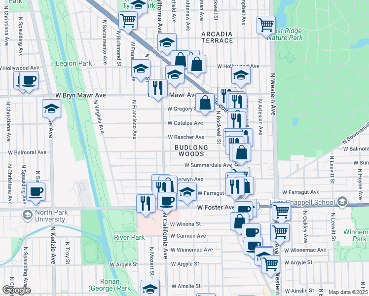 map of restaurants, bars, coffee shops, grocery stores, and more near 2720 West Summerdale Avenue in Chicago