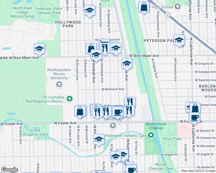 map of restaurants, bars, coffee shops, grocery stores, and more near 5349 North Spaulding Avenue in Chicago