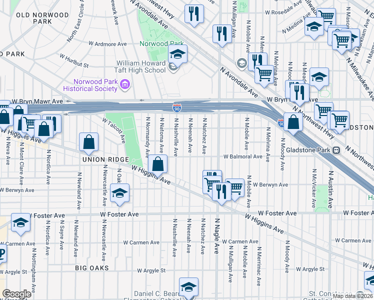 map of restaurants, bars, coffee shops, grocery stores, and more near 5354 North Neenah Avenue in Chicago