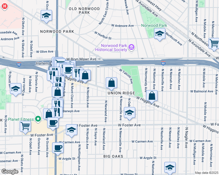 map of restaurants, bars, coffee shops, grocery stores, and more near 6848 West Balmoral Avenue in Chicago