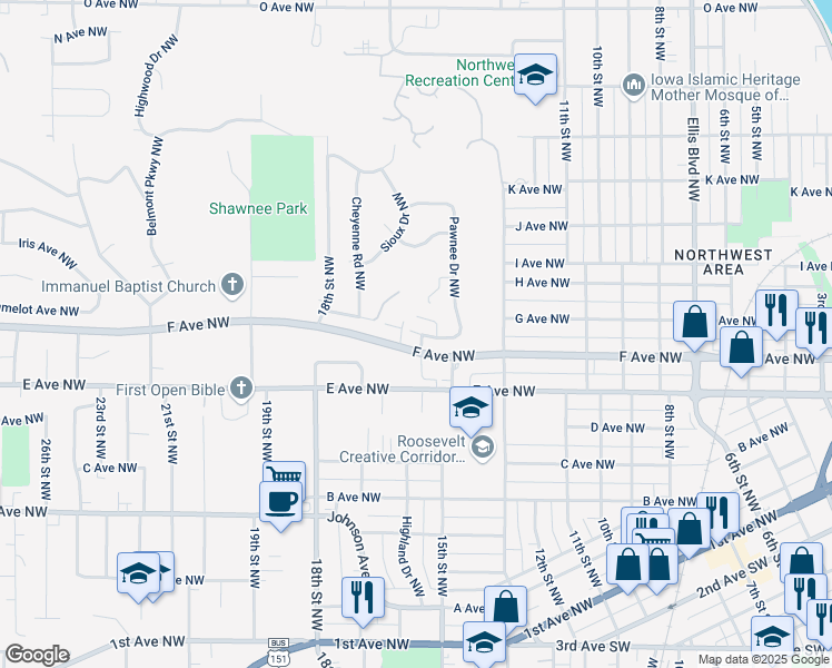 map of restaurants, bars, coffee shops, grocery stores, and more near 1602 F Avenue Northwest in Cedar Rapids