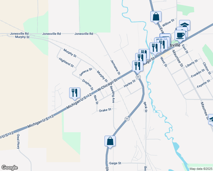 map of restaurants, bars, coffee shops, grocery stores, and more near 409 West Chicago Street in Jonesville