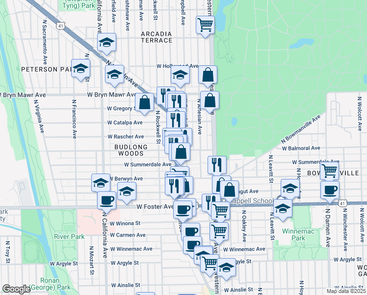 map of restaurants, bars, coffee shops, grocery stores, and more near 5402 North Campbell Avenue in Chicago