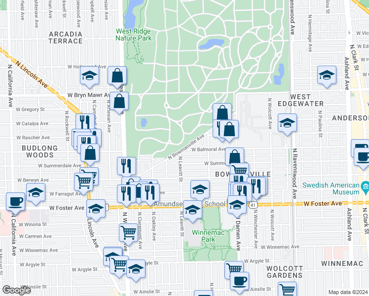 map of restaurants, bars, coffee shops, grocery stores, and more near West Balmoral Avenue in Chicago