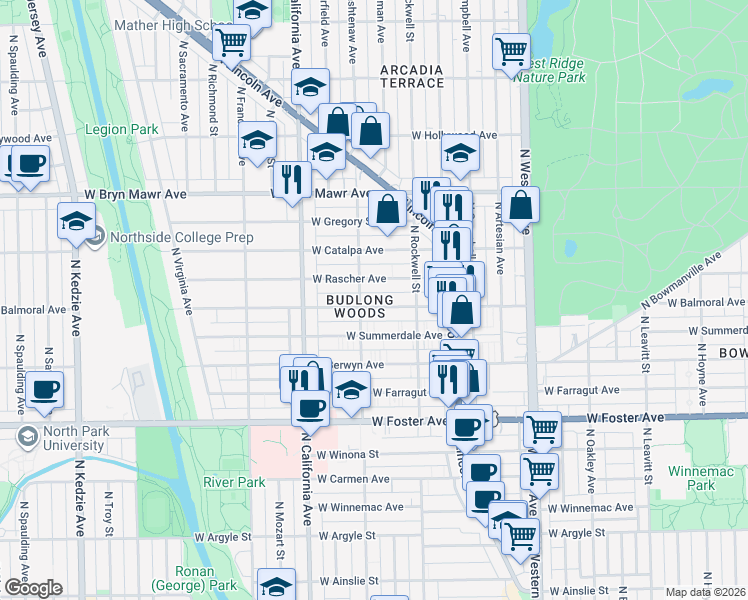 map of restaurants, bars, coffee shops, grocery stores, and more near in Chicago