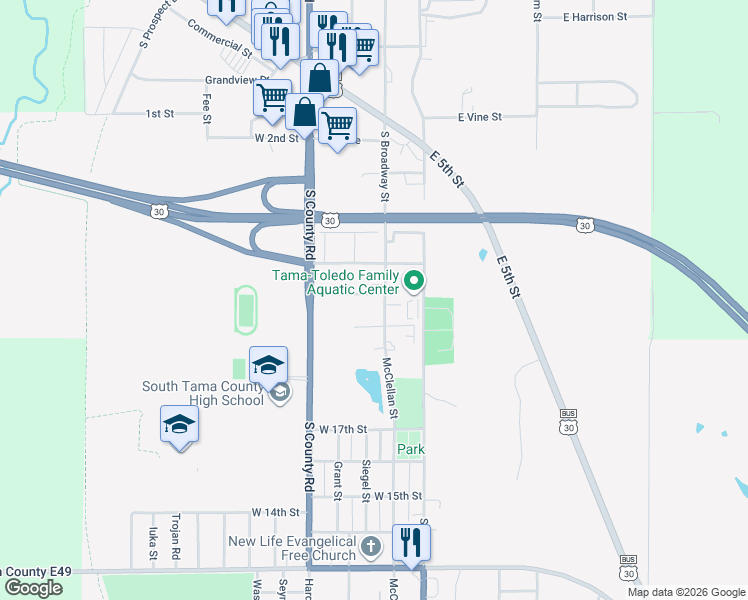 map of restaurants, bars, coffee shops, grocery stores, and more near 1400 South Broadway Street in Toledo