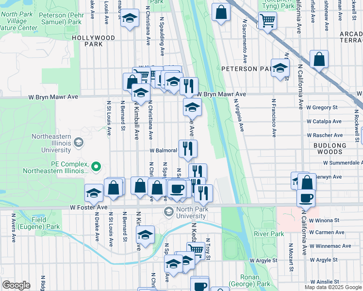 map of restaurants, bars, coffee shops, grocery stores, and more near 5407 North Sawyer Avenue in Chicago