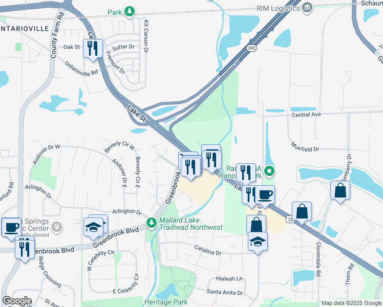 map of restaurants, bars, coffee shops, grocery stores, and more near 73 West Lake Street in Hanover Park