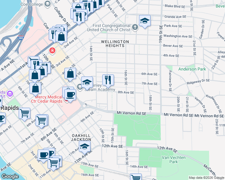 map of restaurants, bars, coffee shops, grocery stores, and more near 1516 8th Avenue Southeast in Cedar Rapids
