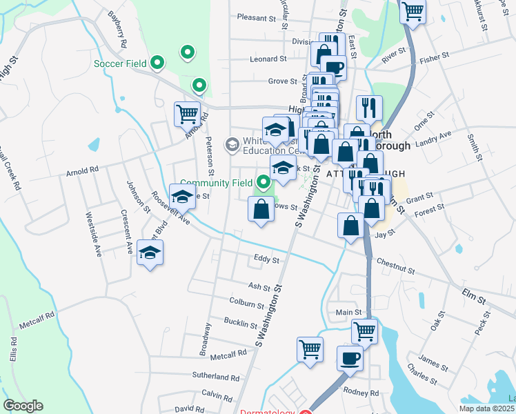 map of restaurants, bars, coffee shops, grocery stores, and more near 10 Ralph Street in North Attleborough
