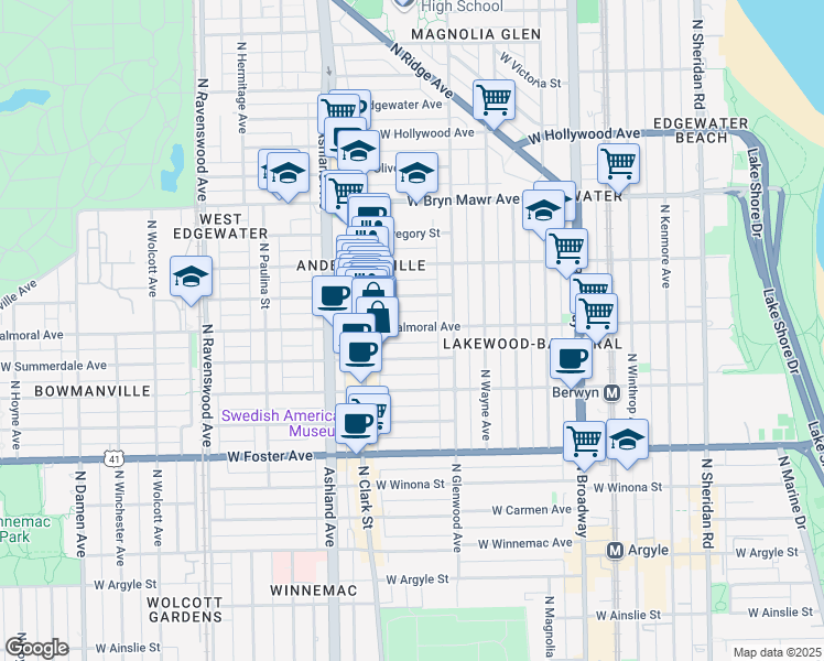 map of restaurants, bars, coffee shops, grocery stores, and more near 1437 West Balmoral Avenue in Chicago