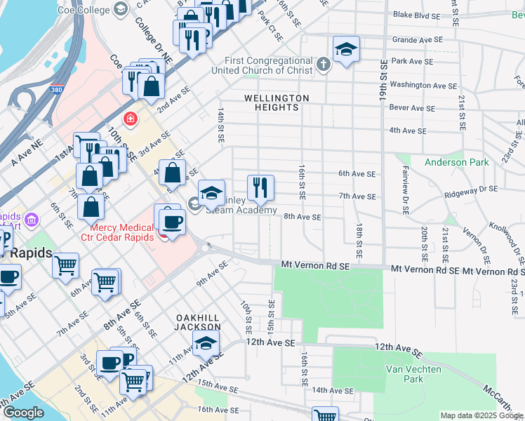 map of restaurants, bars, coffee shops, grocery stores, and more near 1502 8th Avenue Southeast in Cedar Rapids