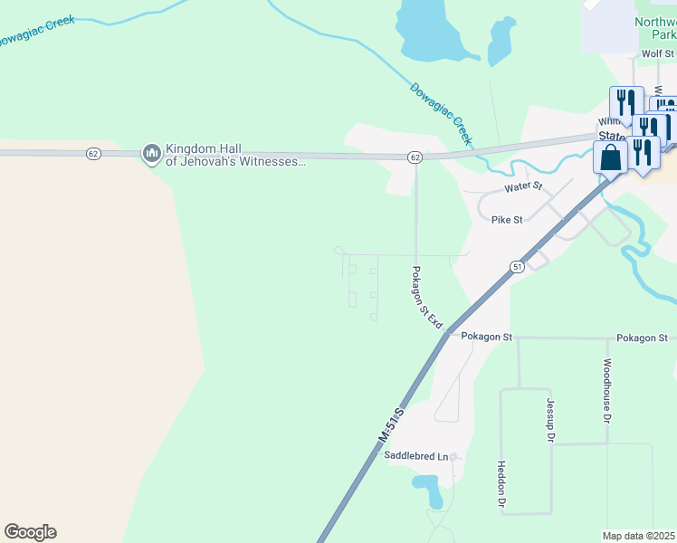 map of restaurants, bars, coffee shops, grocery stores, and more near 29601 Amerihost Drive in Dowagiac