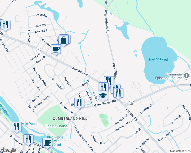map of restaurants, bars, coffee shops, grocery stores, and more near 50 Hazebrouck Street in Cumberland