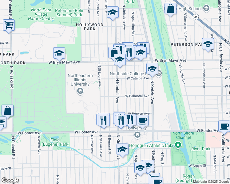 map of restaurants, bars, coffee shops, grocery stores, and more near 5436 North Kimball Avenue in Chicago