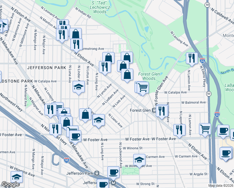 map of restaurants, bars, coffee shops, grocery stores, and more near 5462 North Elston Avenue in Chicago