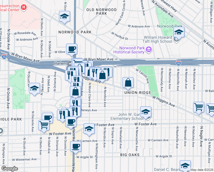 map of restaurants, bars, coffee shops, grocery stores, and more near 7006 West Higgins Avenue in Chicago