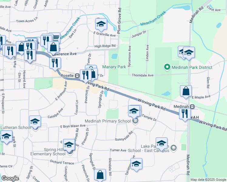map of restaurants, bars, coffee shops, grocery stores, and more near 22W438 Irving Park Road in Roselle