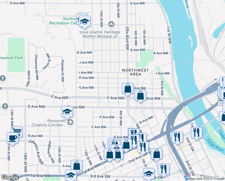map of restaurants, bars, coffee shops, grocery stores, and more near 826 G Avenue Northwest in Cedar Rapids