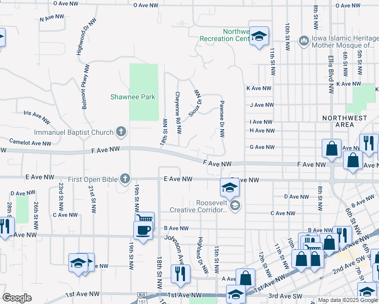 map of restaurants, bars, coffee shops, grocery stores, and more near 1620 Seminole Avenue Northwest in Cedar Rapids