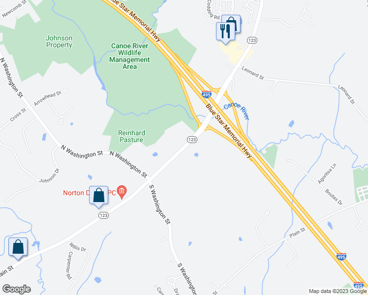 map of restaurants, bars, coffee shops, grocery stores, and more near East Main Street in Norton