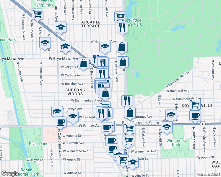 map of restaurants, bars, coffee shops, grocery stores, and more near 5409 North Campbell Avenue in Chicago