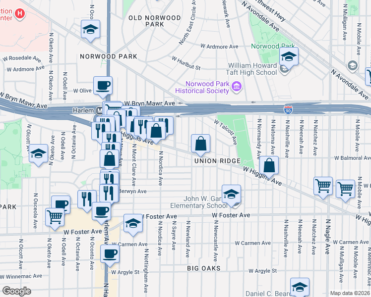 map of restaurants, bars, coffee shops, grocery stores, and more near 5440 North Newland Avenue in Chicago