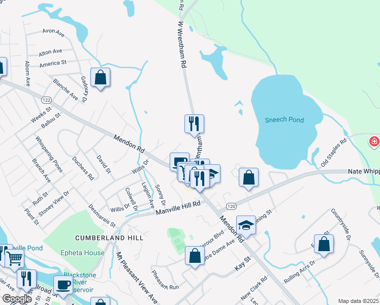 map of restaurants, bars, coffee shops, grocery stores, and more near 48 West Wrentham Road in Cumberland