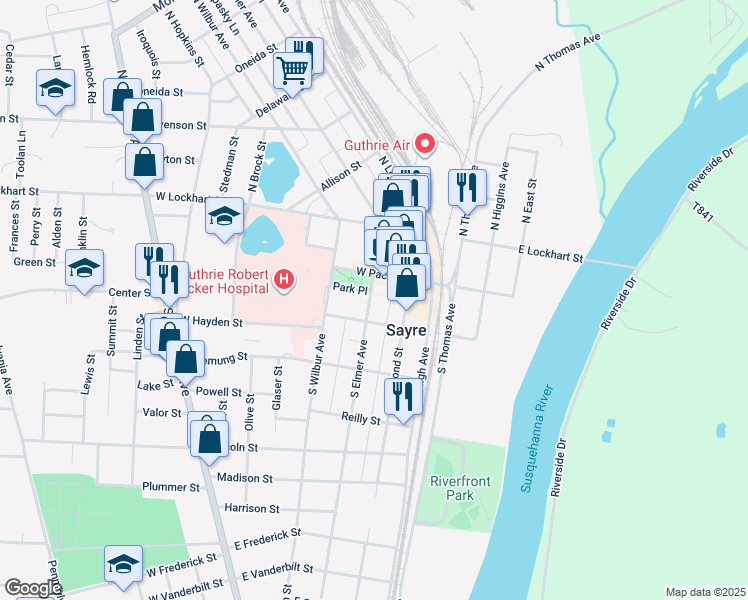 map of restaurants, bars, coffee shops, grocery stores, and more near 121 West Packer Avenue in Sayre