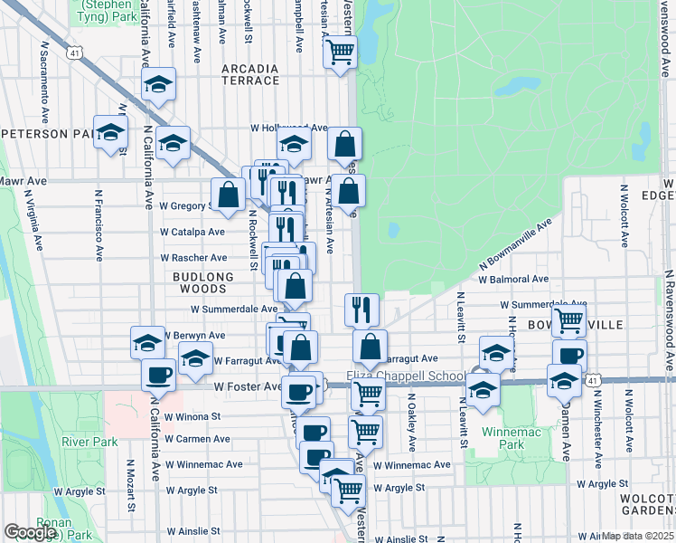 map of restaurants, bars, coffee shops, grocery stores, and more near 5430 North Western Avenue in Chicago