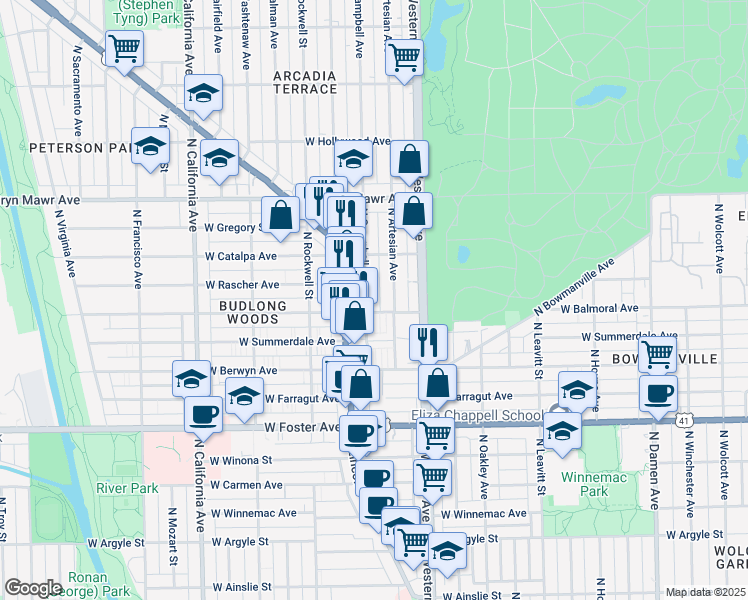 map of restaurants, bars, coffee shops, grocery stores, and more near 5433 North Campbell Avenue in Chicago