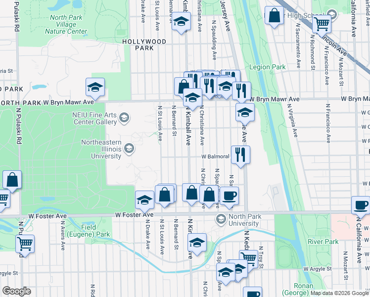 map of restaurants, bars, coffee shops, grocery stores, and more near 5436 North Kimball Avenue in Chicago