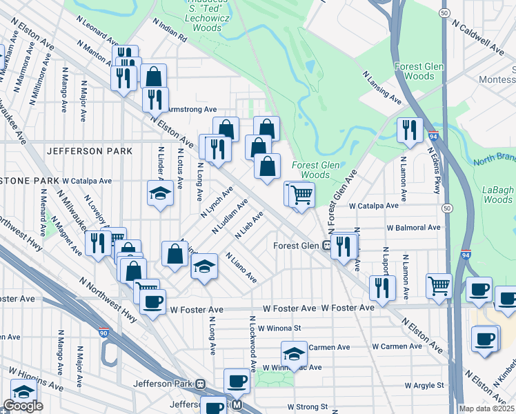 map of restaurants, bars, coffee shops, grocery stores, and more near 5462 North Elston Avenue in Chicago