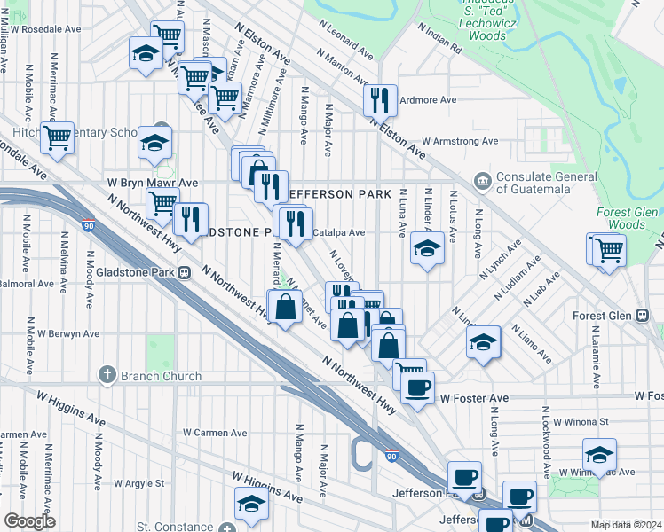 map of restaurants, bars, coffee shops, grocery stores, and more near 5450 North Lovejoy Avenue in Chicago