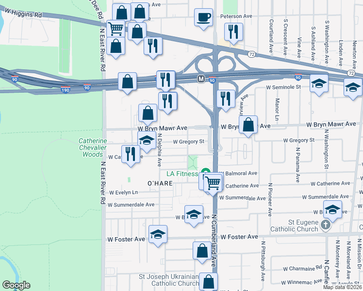 map of restaurants, bars, coffee shops, grocery stores, and more near 8524 West Gregory Street in Chicago