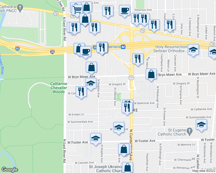 map of restaurants, bars, coffee shops, grocery stores, and more near 8524 West Gregory Street in Chicago