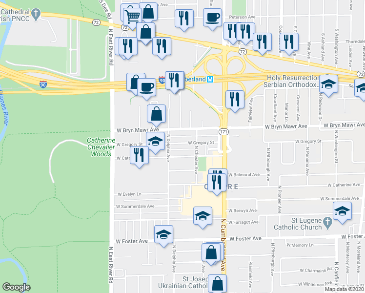 map of restaurants, bars, coffee shops, grocery stores, and more near 8524 West Gregory Street in Chicago