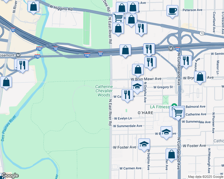 map of restaurants, bars, coffee shops, grocery stores, and more near 8751 West Bryn Mawr Avenue in Chicago