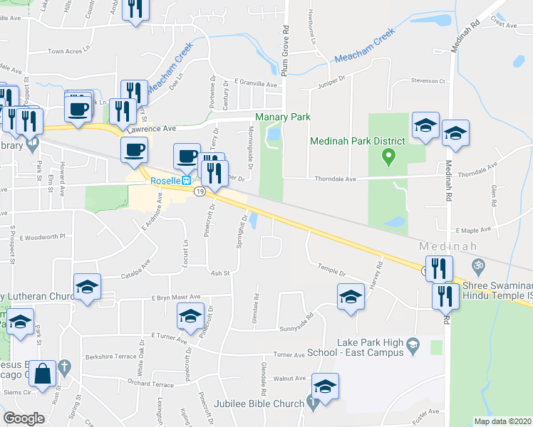 map of restaurants, bars, coffee shops, grocery stores, and more near 22W438 Irving Park Road in Roselle
