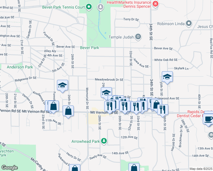 map of restaurants, bars, coffee shops, grocery stores, and more near 2757 Meadowbrook Dr SE in Cedar Rapids
