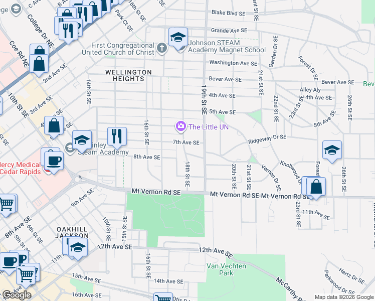 map of restaurants, bars, coffee shops, grocery stores, and more near 1816 7th Avenue Southeast in Cedar Rapids