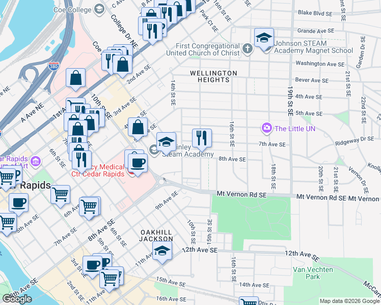 map of restaurants, bars, coffee shops, grocery stores, and more near 1411 7th Ave SE in Cedar Rapids