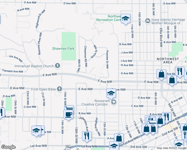 map of restaurants, bars, coffee shops, grocery stores, and more near 1620 Seminole Avenue Northwest in Cedar Rapids